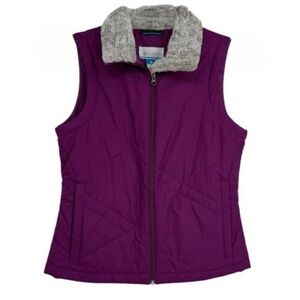 Columbia Purple Puffer Vest Size Medium Fur Collar Quilted Women’s Zip Up